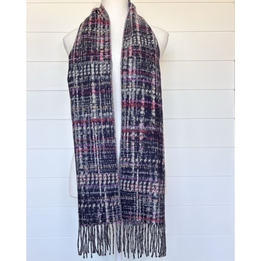 Cashmink Abstract Plaid Fringe Scarf Wrap‎ Purple Pink Cream Navy Soft Germany